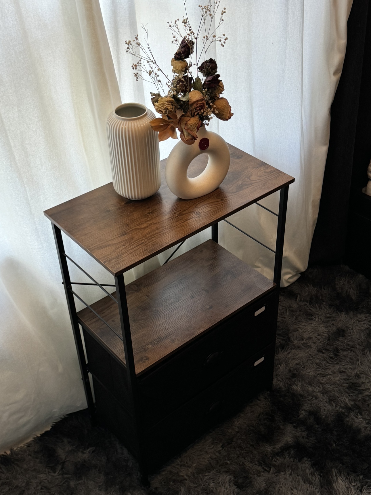 Black Metal and Wood Side Table with 2 Drawers - photo 2