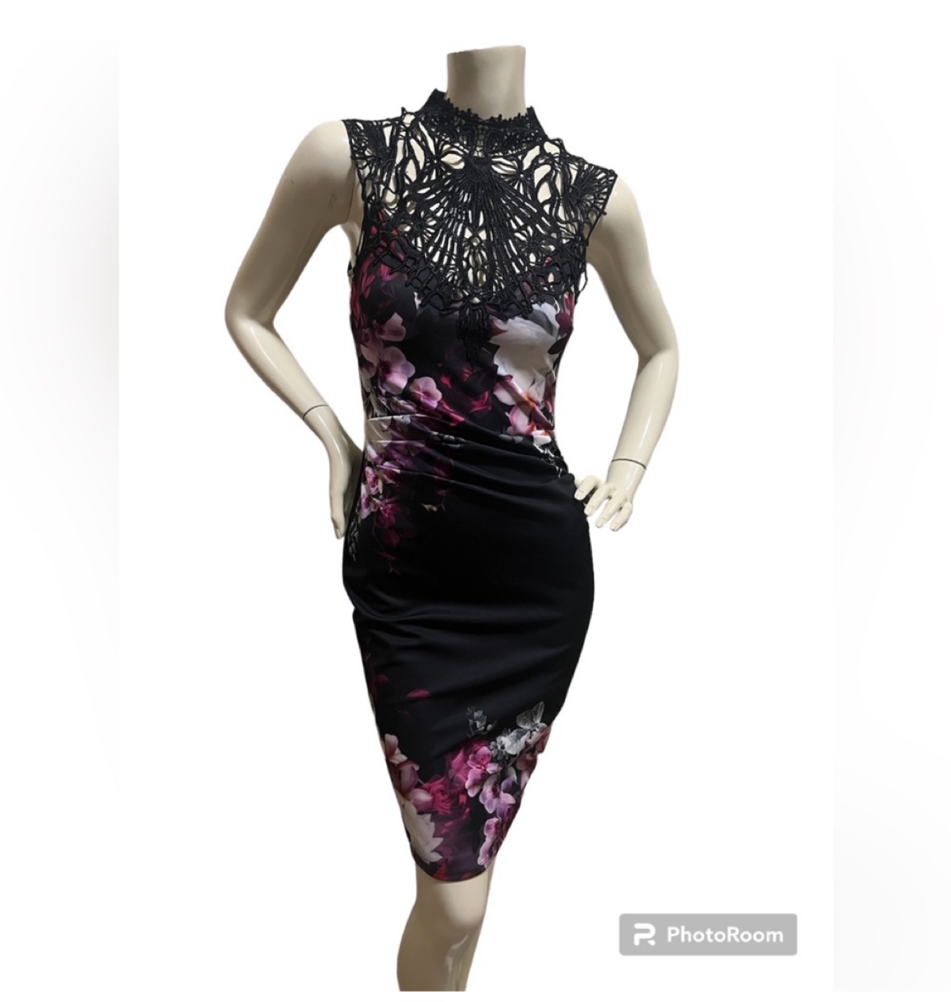 Lipsy Floral Print Dress with Lace Detail XS