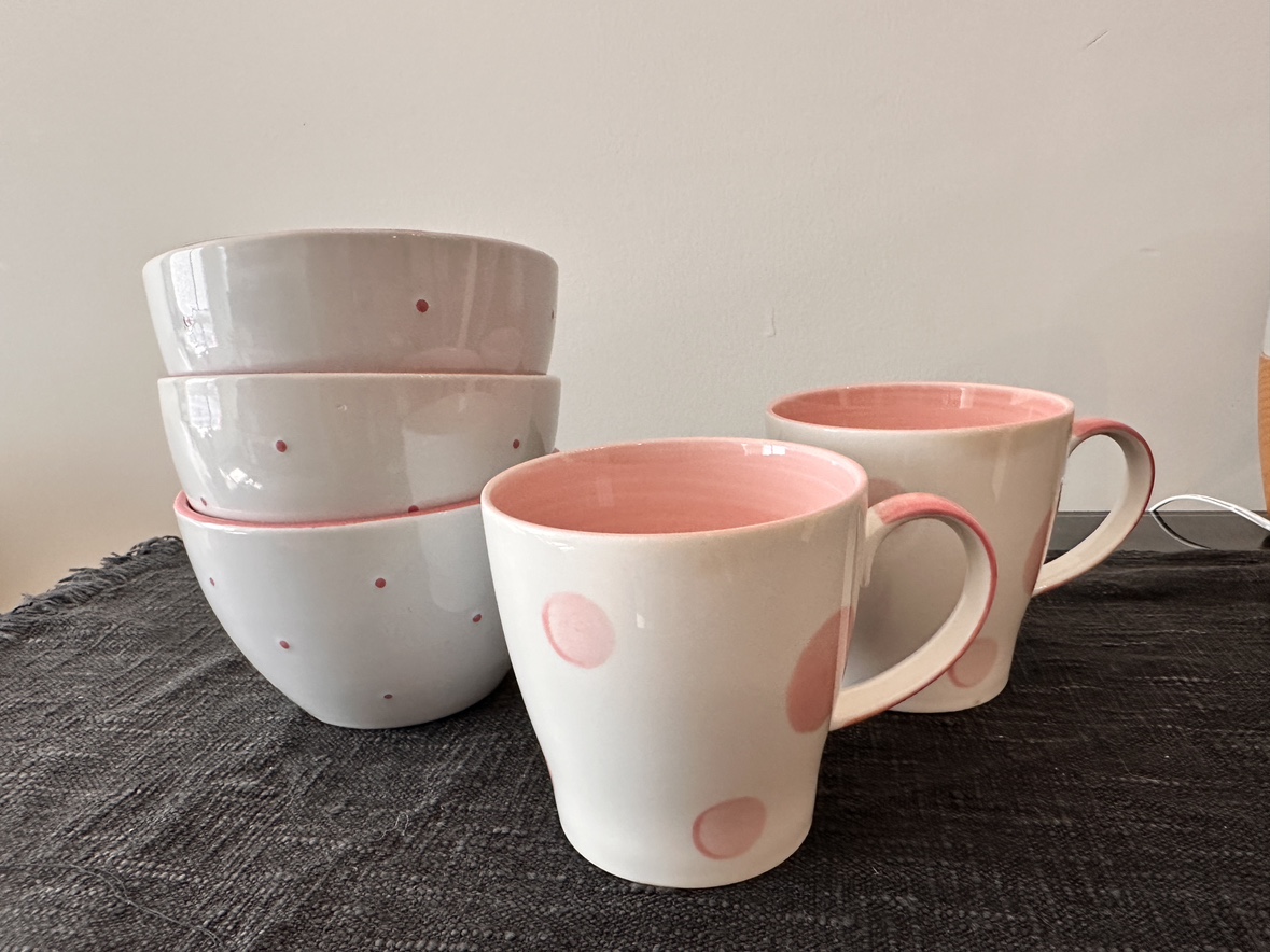 Pink Polka Dot Mugs and Bowls