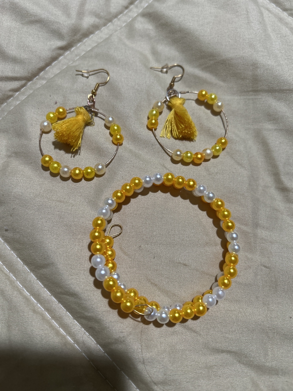 Yellow and White Beaded Earrings and Bracelet