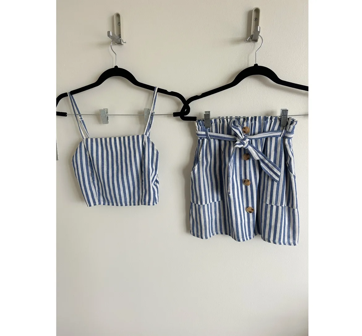 Blue and White Striped Crop Top and Skirt Set size SMALL image indicator(2)