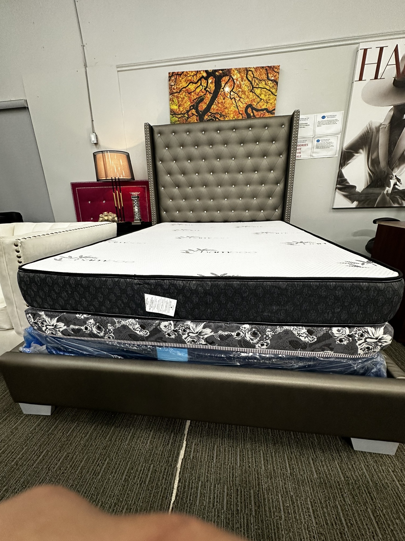 Queen bed frame selling with mattress and box