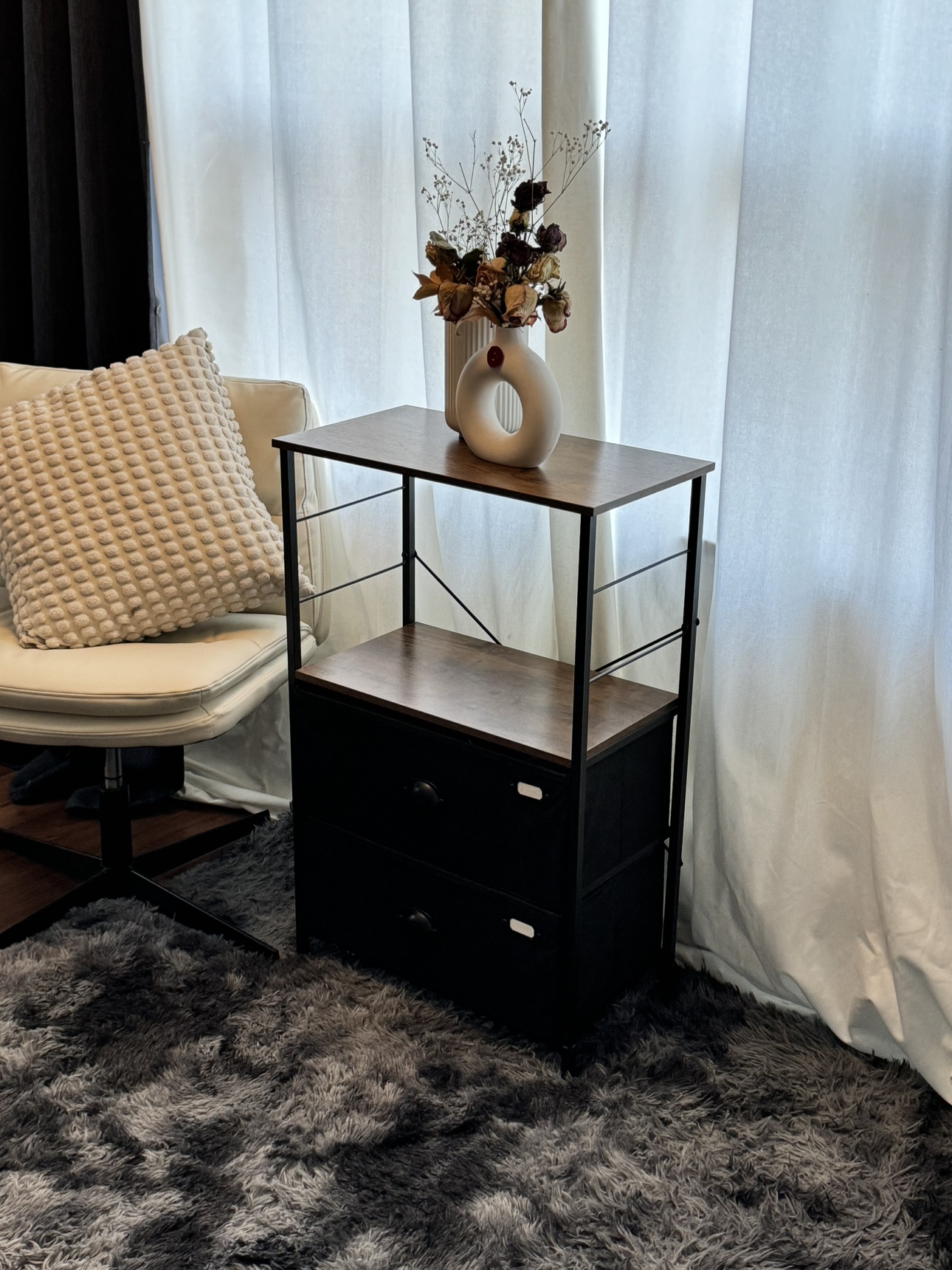 Black Metal and Wood Side Table with 2 Drawers - photo 3