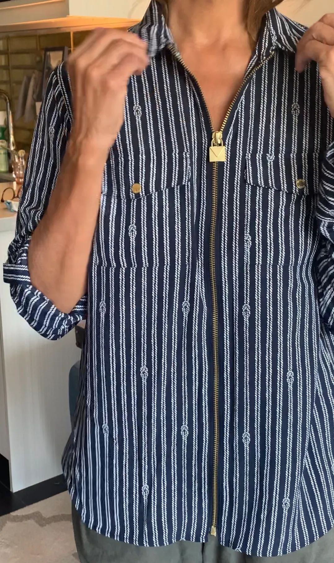 Michael Kors Nautical Striped Zip-Up Shirt w/ Gold Hardware image indicator(6)