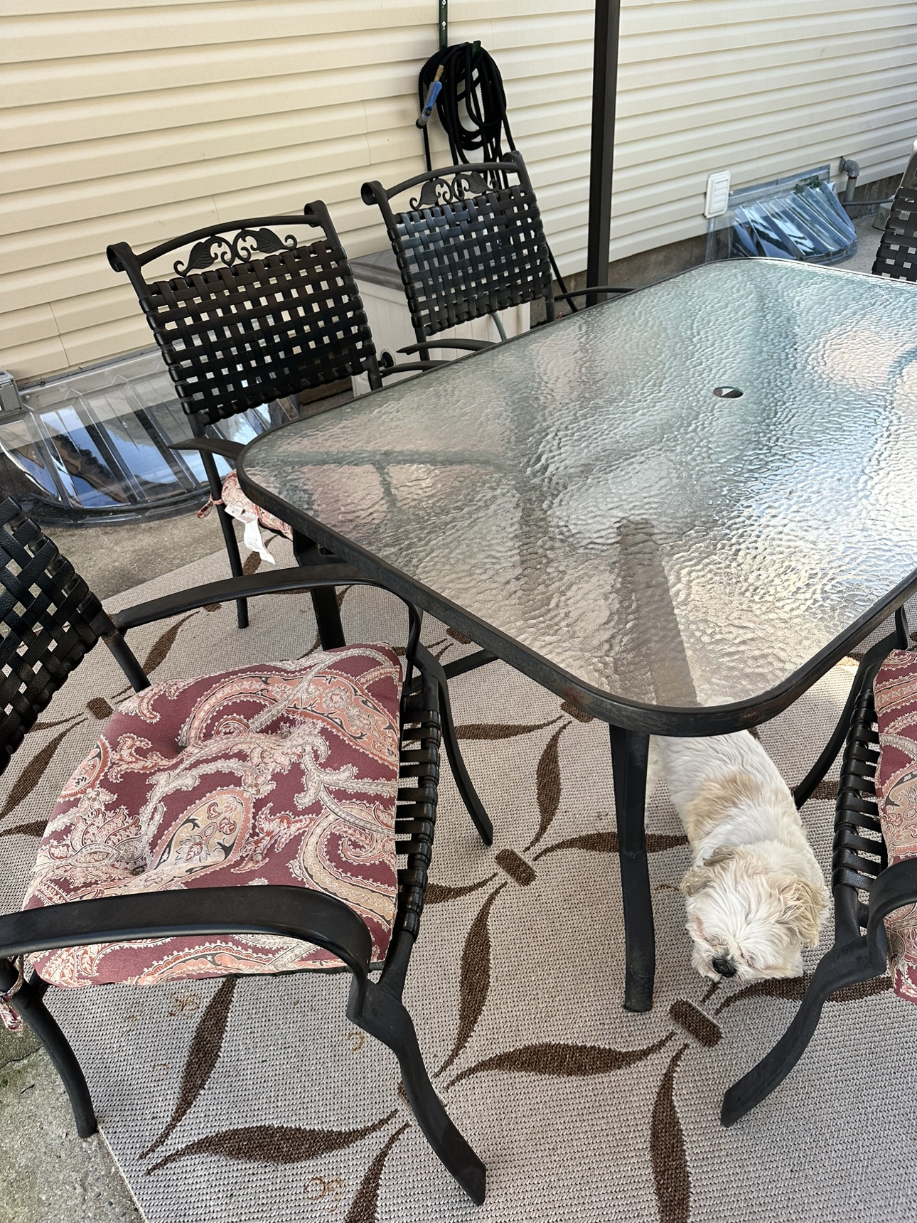 outdoor glass table 6 chairs and cushions