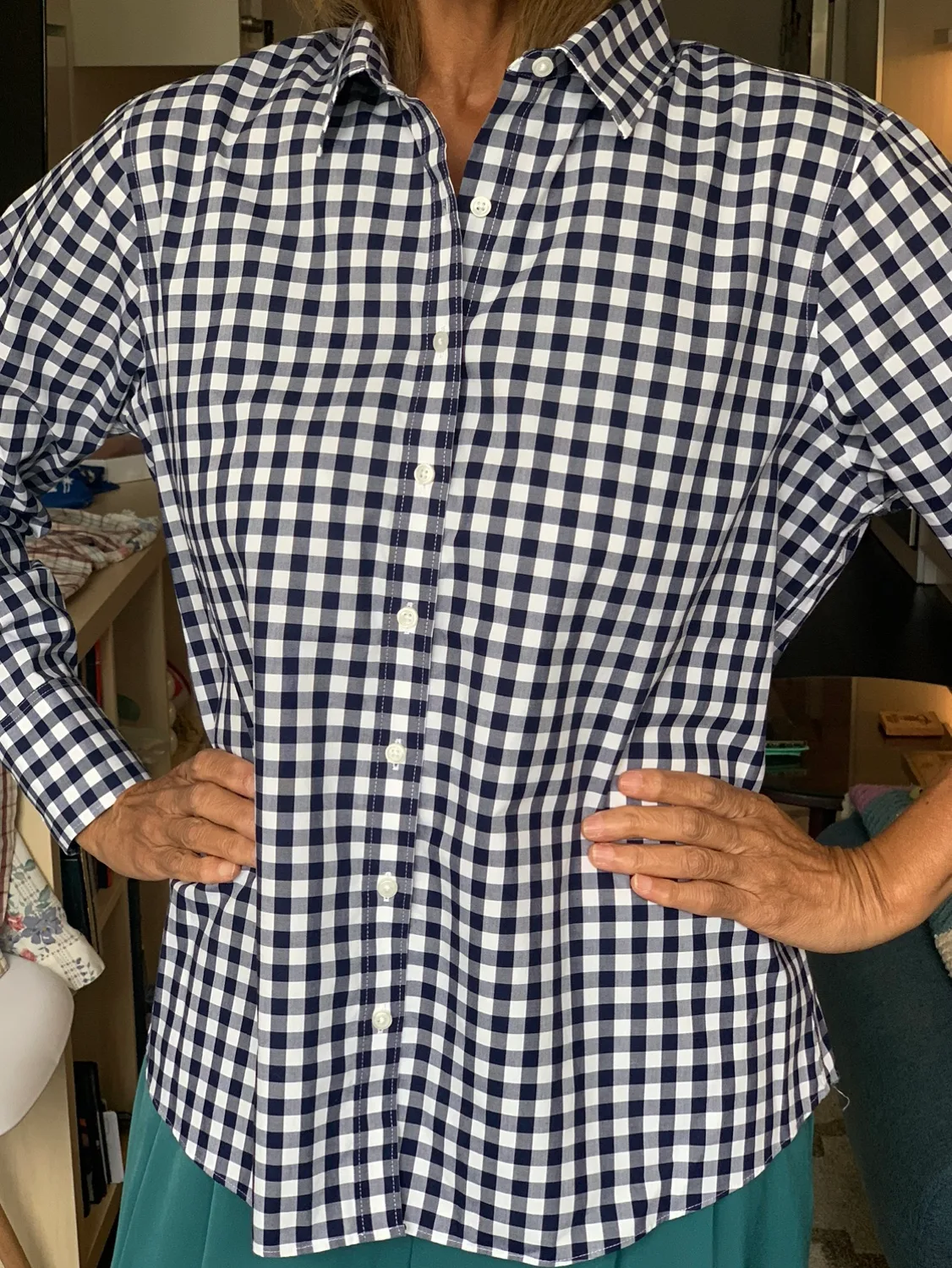 Lands' End Women's Long Sleeve Gingham Shirt- Blue & White thumbnail