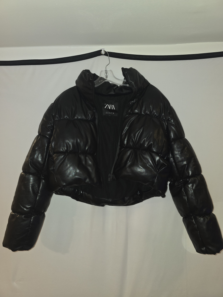 🧥 ZARA Leather Look Cropped Puffer Jacket, Size S - photo 4
