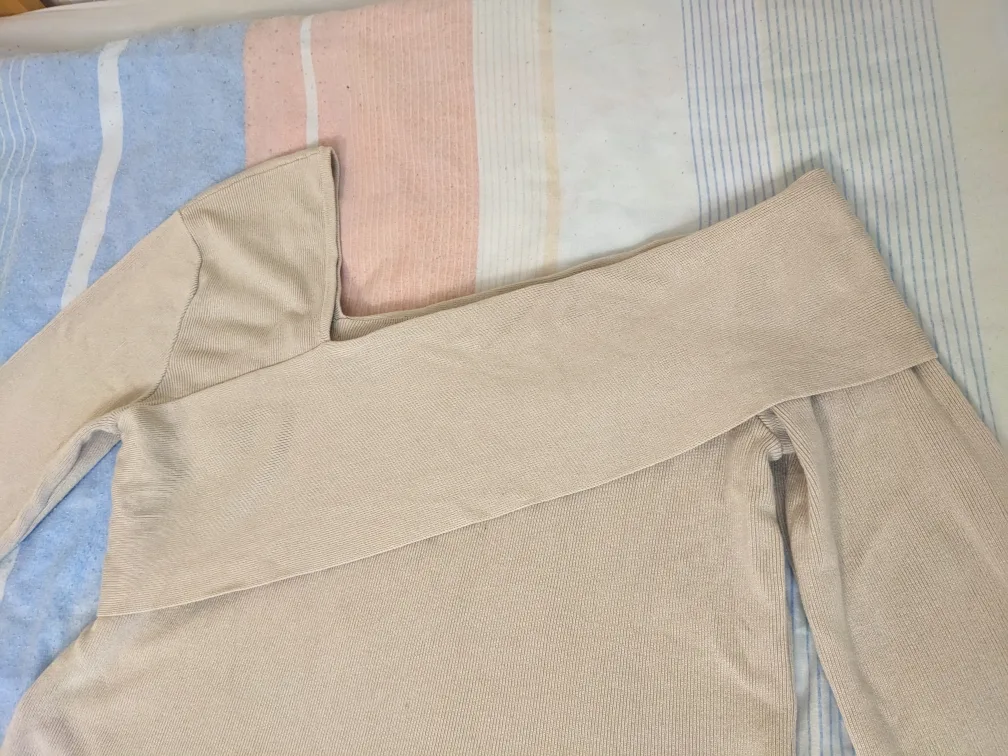 Cream Off the Shoulder Ribbed Long Sleeve Sweater image indicator(8)