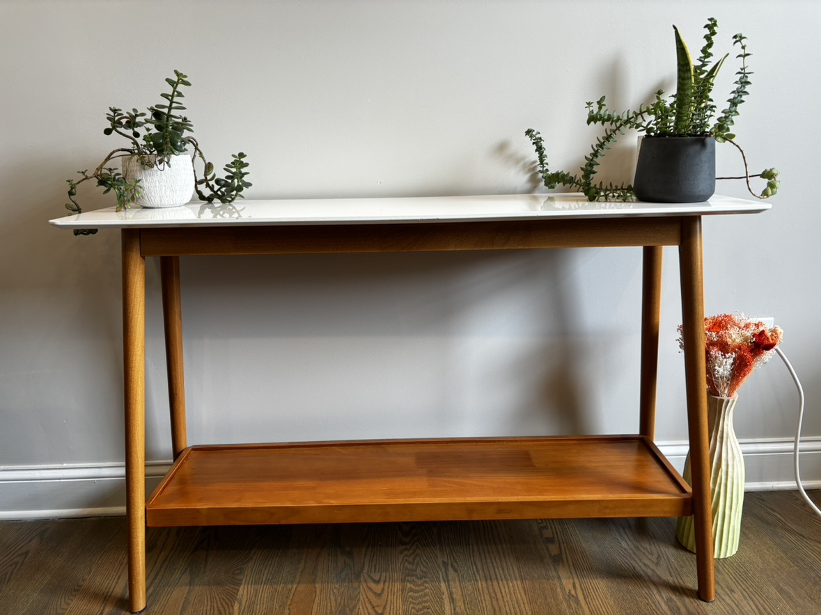 MOVING SALE - White Console Table with White Top Shelf