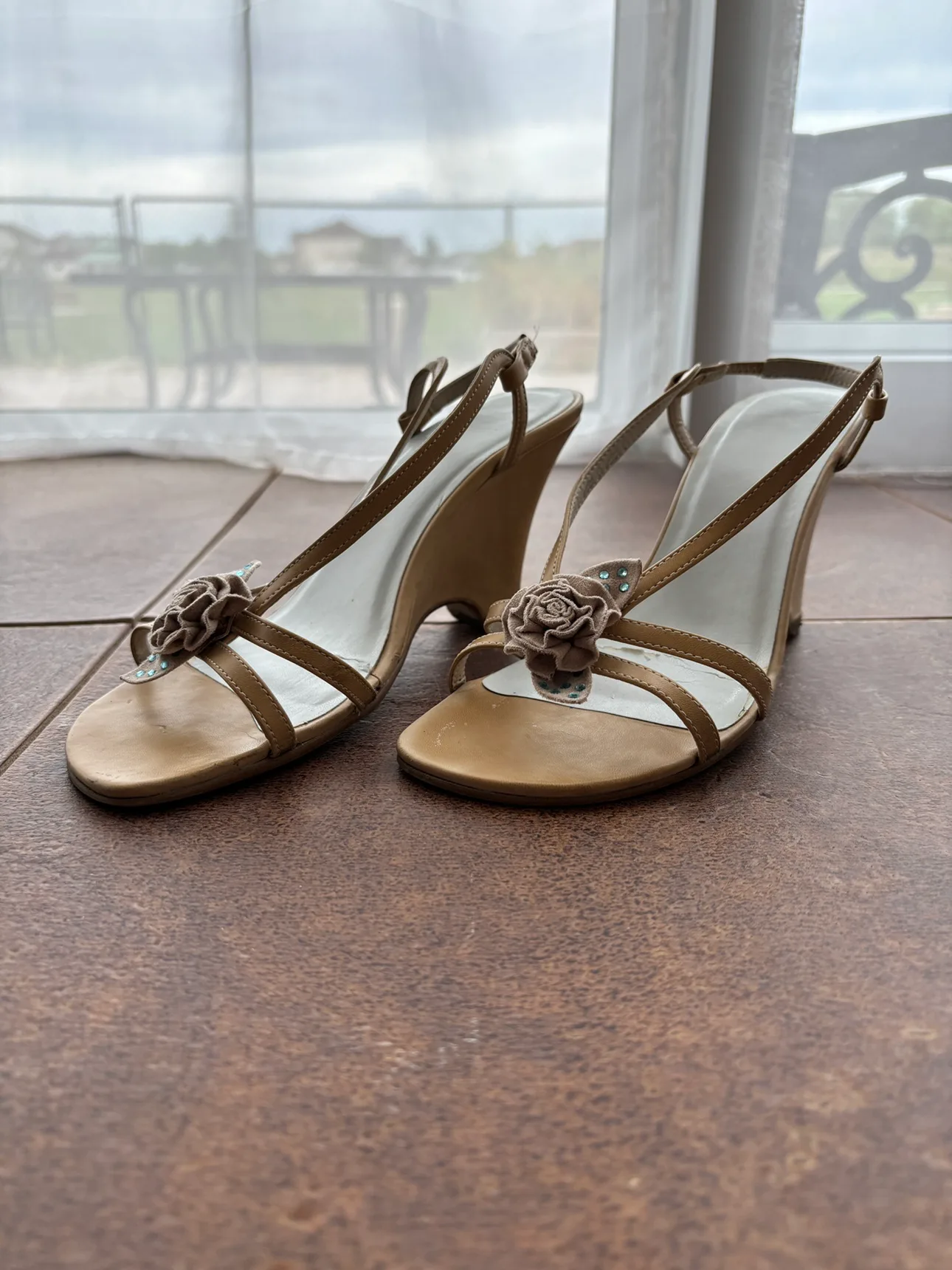 Tan Wedge Sandals with Flower Detail thumbnail
