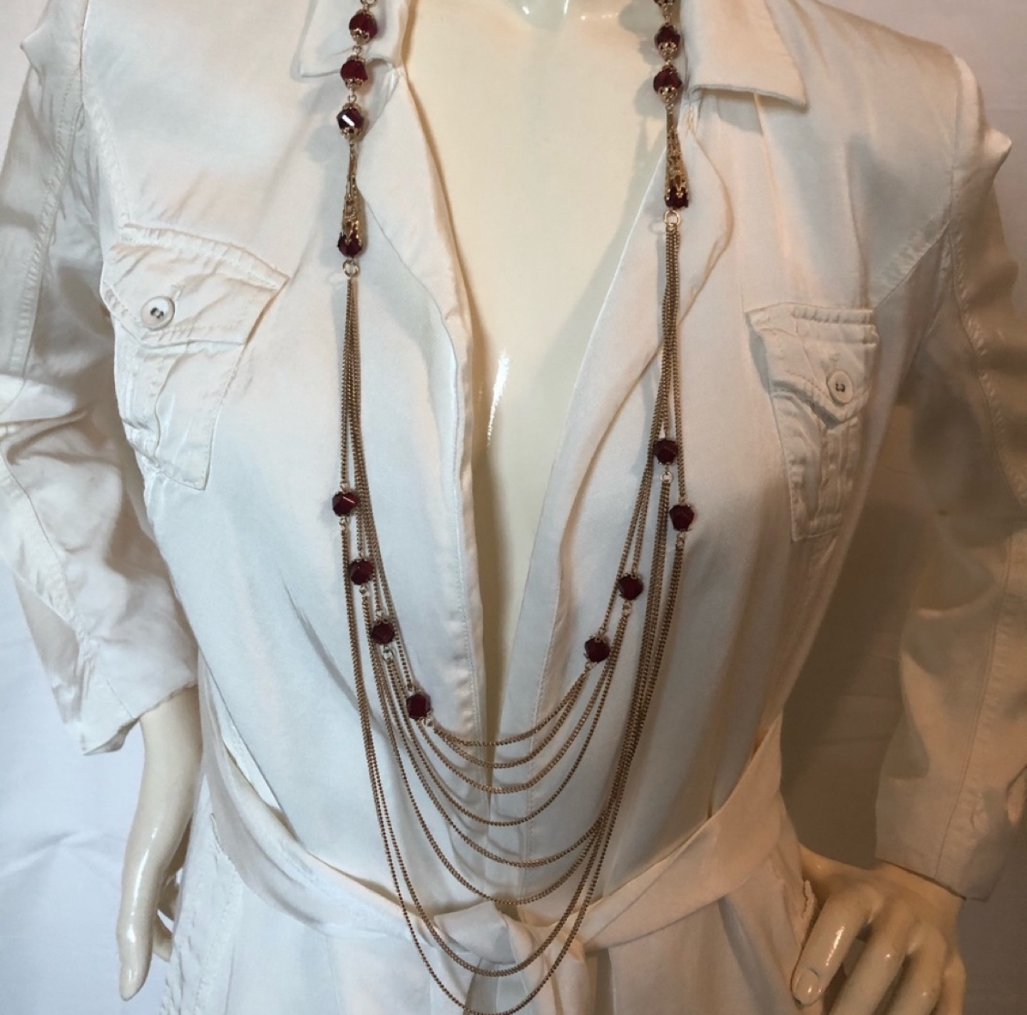 Multi-Strand Gold Necklace with Red Stones