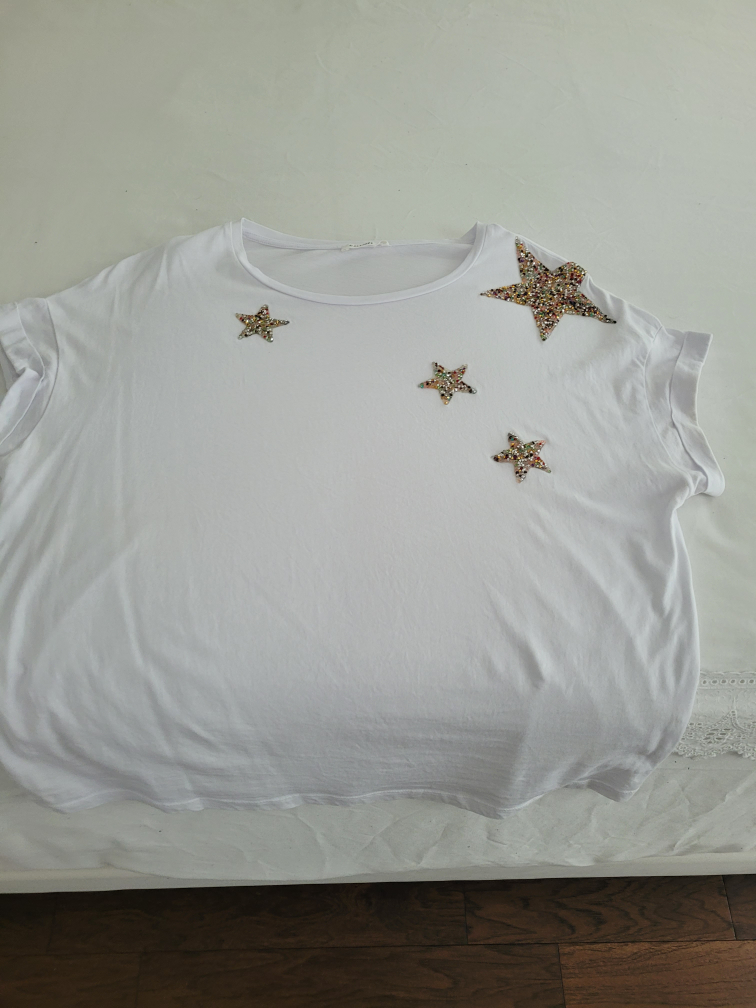 White T-Shirt with Rhinestone Stars From Italia 🇮🇹