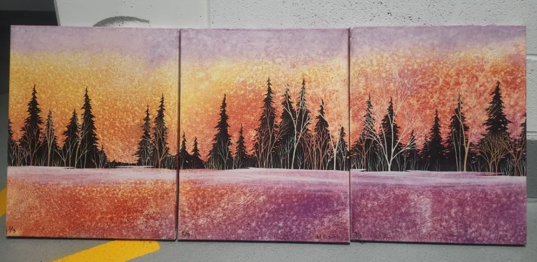 Beautiful 3-Piece Sunset Forest Painting thumbnail