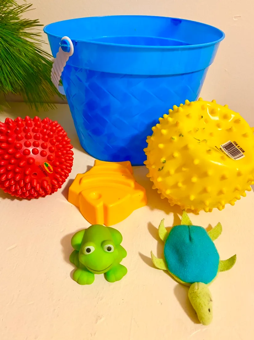 Blue Bucket with Toys turtle fish frog spiky ball thumbnail