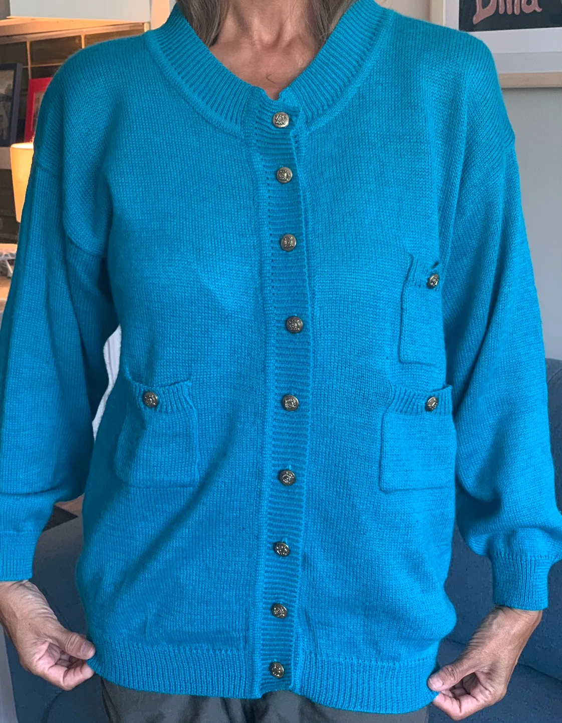 Vintage 80s/90s Teal Cardigan with Pockets thumbnail