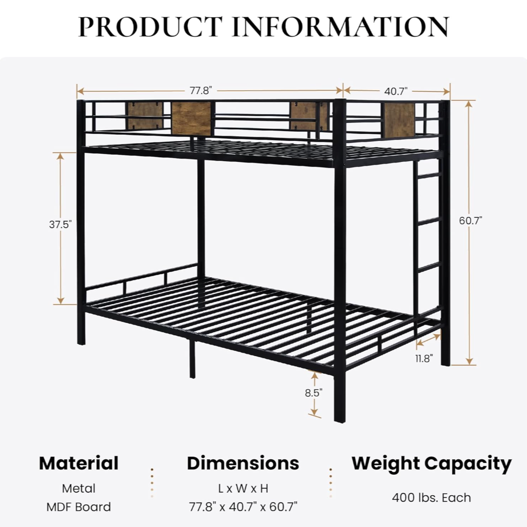 Black Metal Bunk Bed, Twin Over Twin Size with Ladder