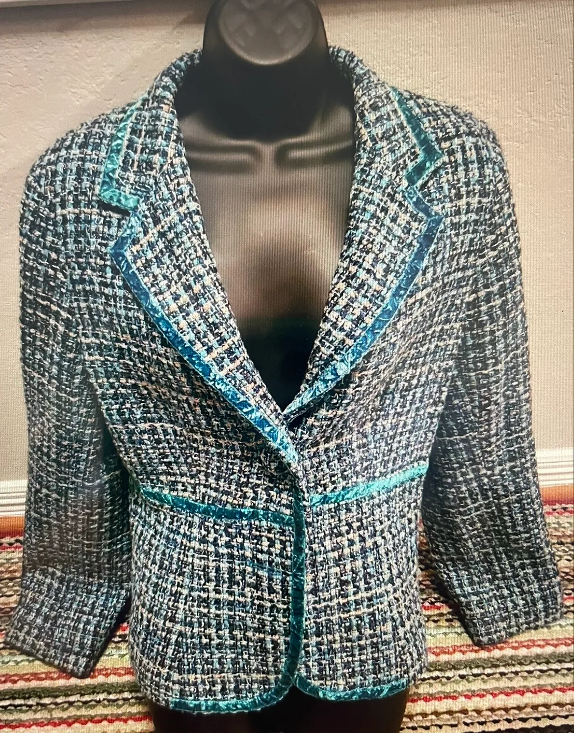 Liz Claiborne tweed jacket w/ teal velvet trim image indicator(2)