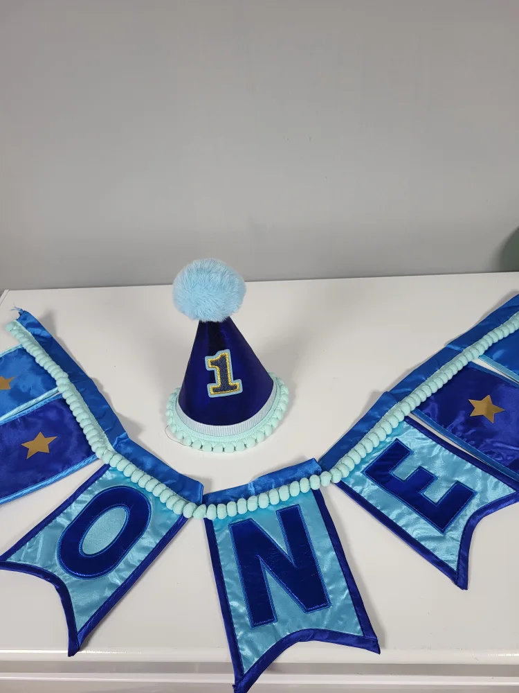 Blue and Gold One Birthday Banner and Hat thumbnail