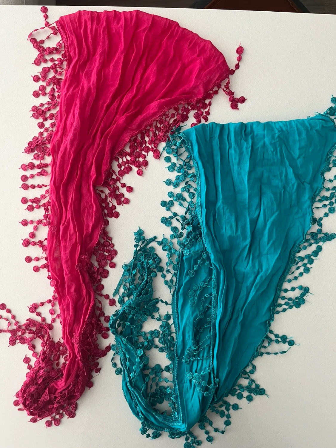 Pink and Teal Fringed Head Scarves thumbnail