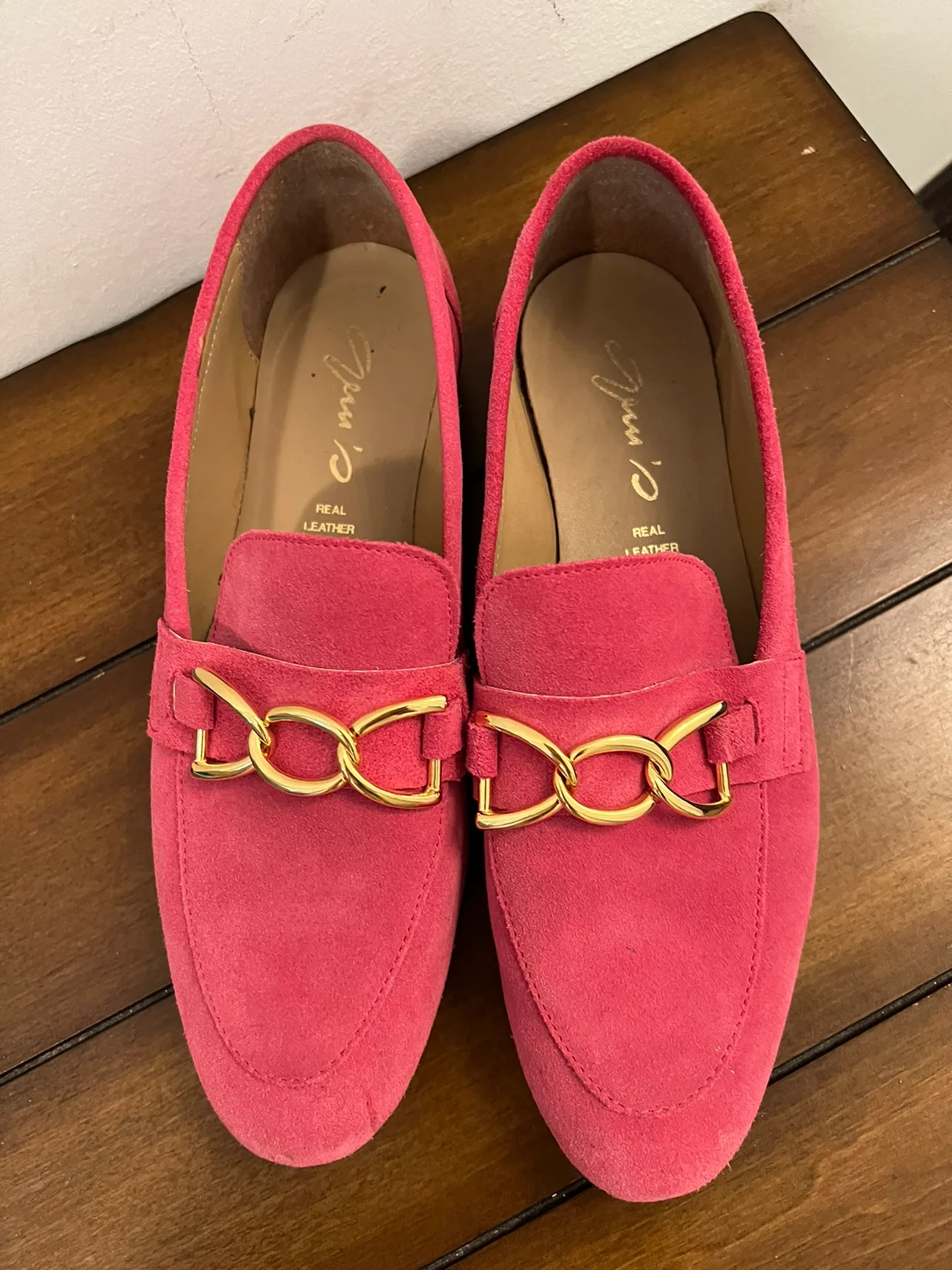 Pink Suede Loafers with Gold Chain thumbnail