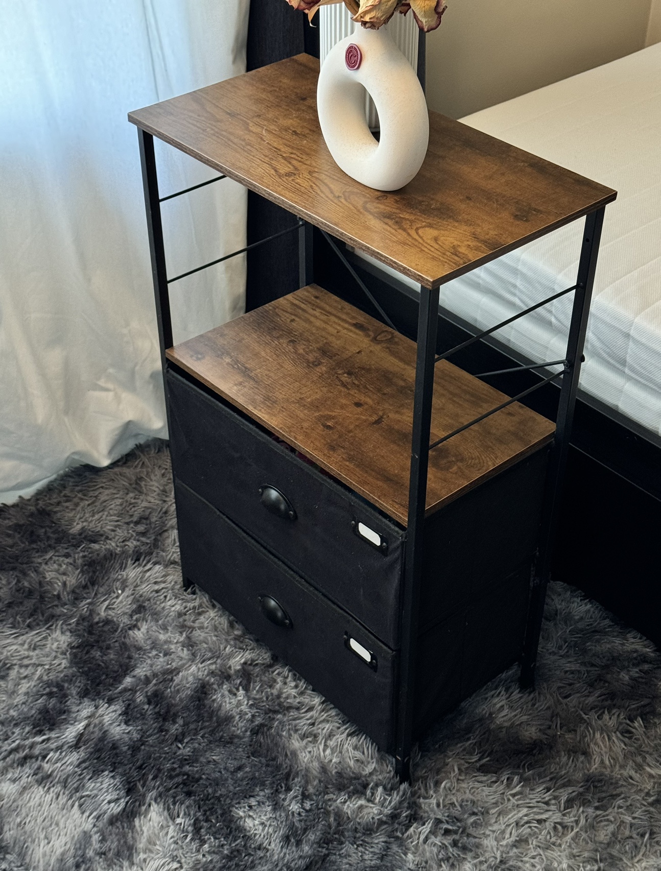 Black Metal and Wood Side Table with 2 Drawers