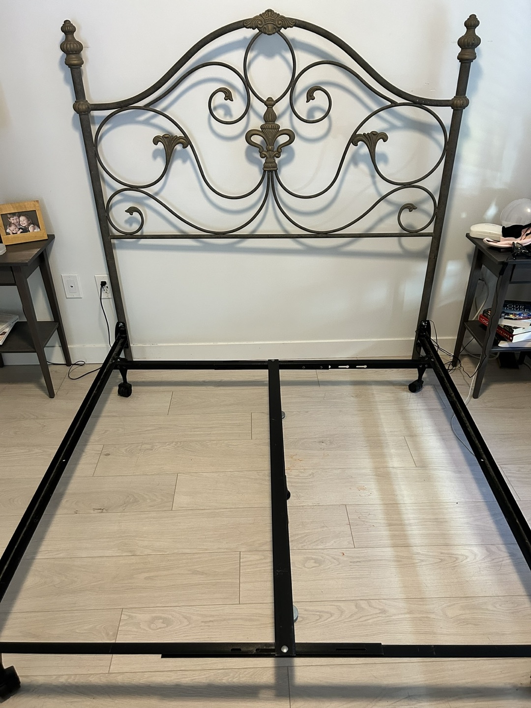Queen size bed frame, box spring, mattress and headboard