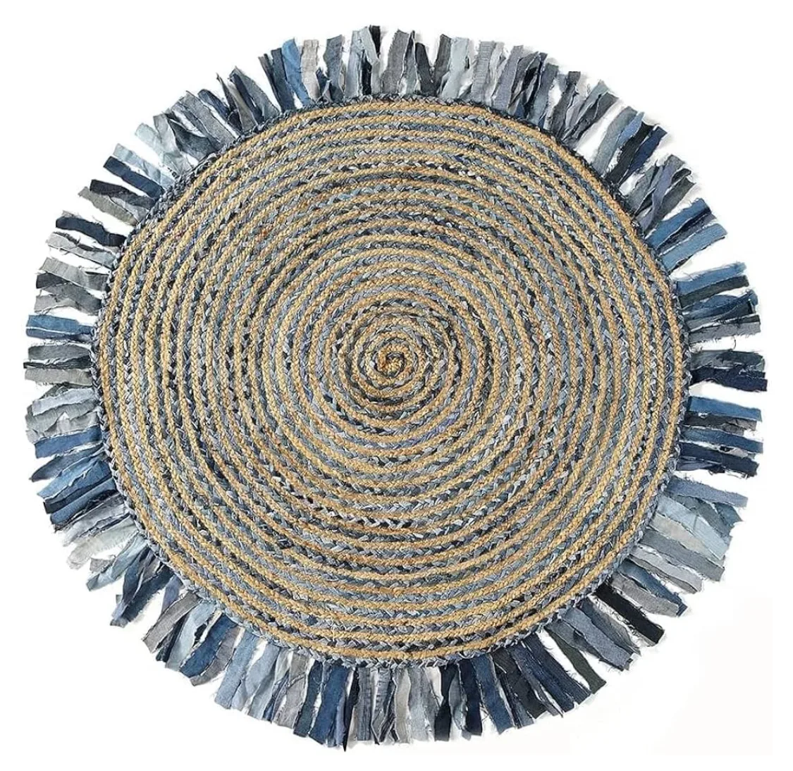 NEW 5' Round Jute Rug with Denim Fringe thumbnail