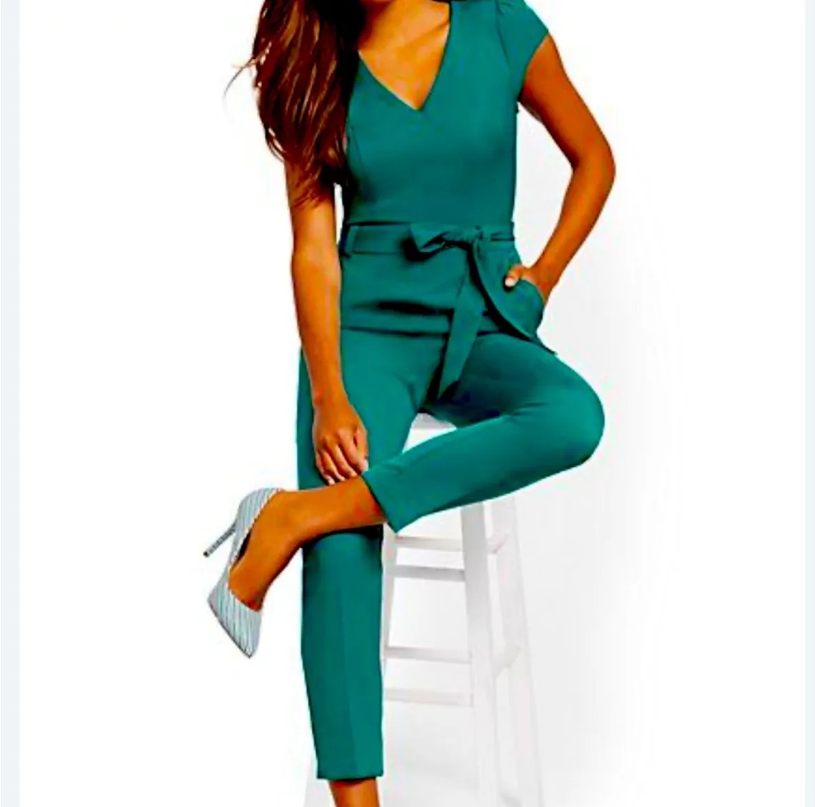 New York & Company capped sleeve Belted jumpsuit thumbnail