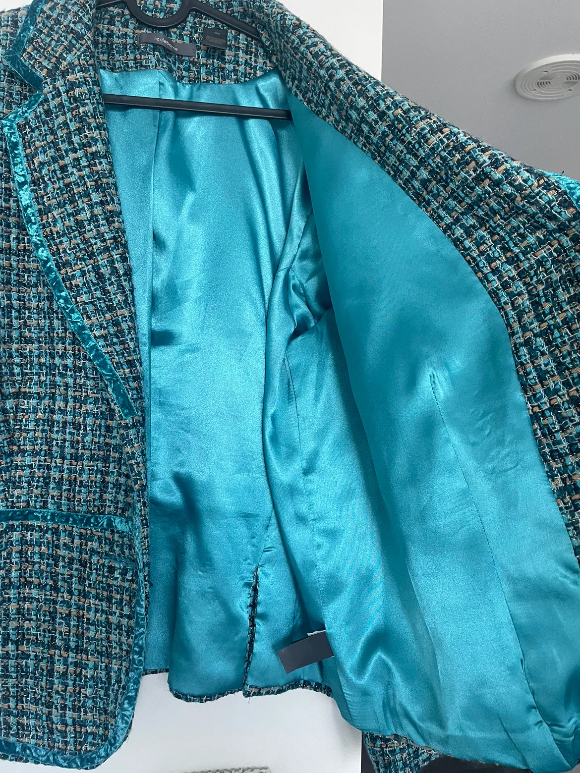 Liz Claiborne tweed jacket w/ teal velvet trim image indicator(10)