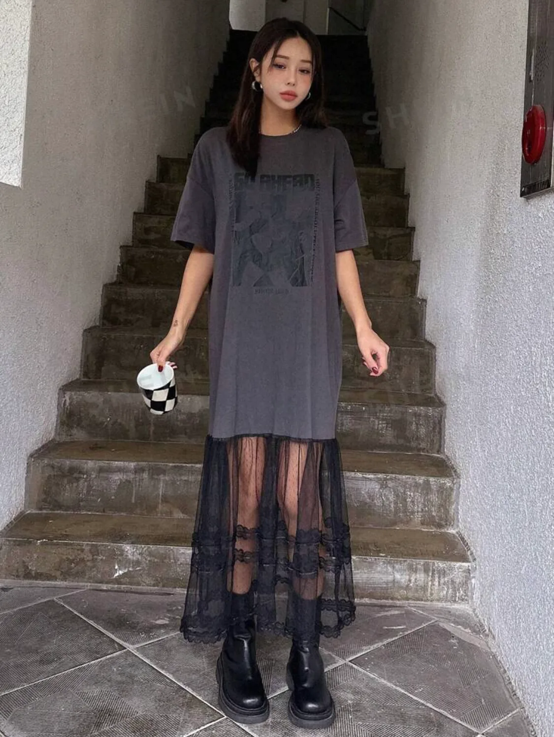 Graphic T-Shirt Dress with Lace Skirt