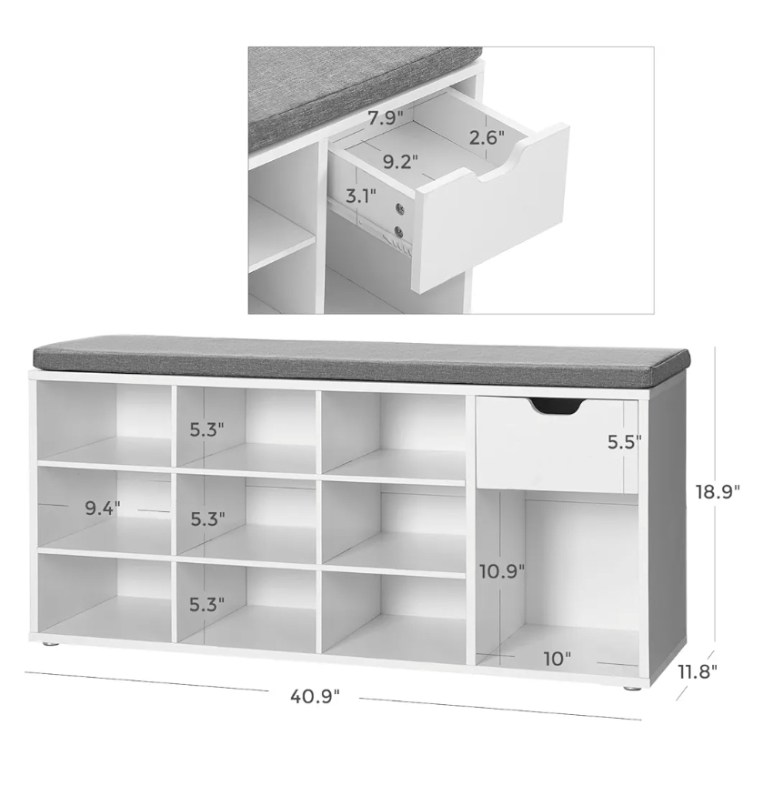 White Shoe Bench with Storage Drawer - photo 3