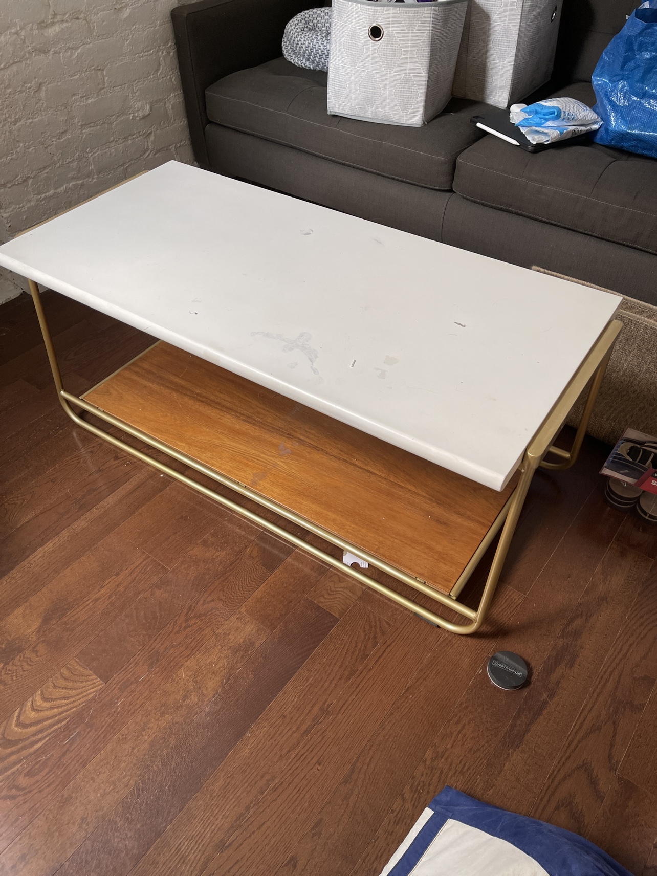 Wood and Gold Coffee Table with White Top