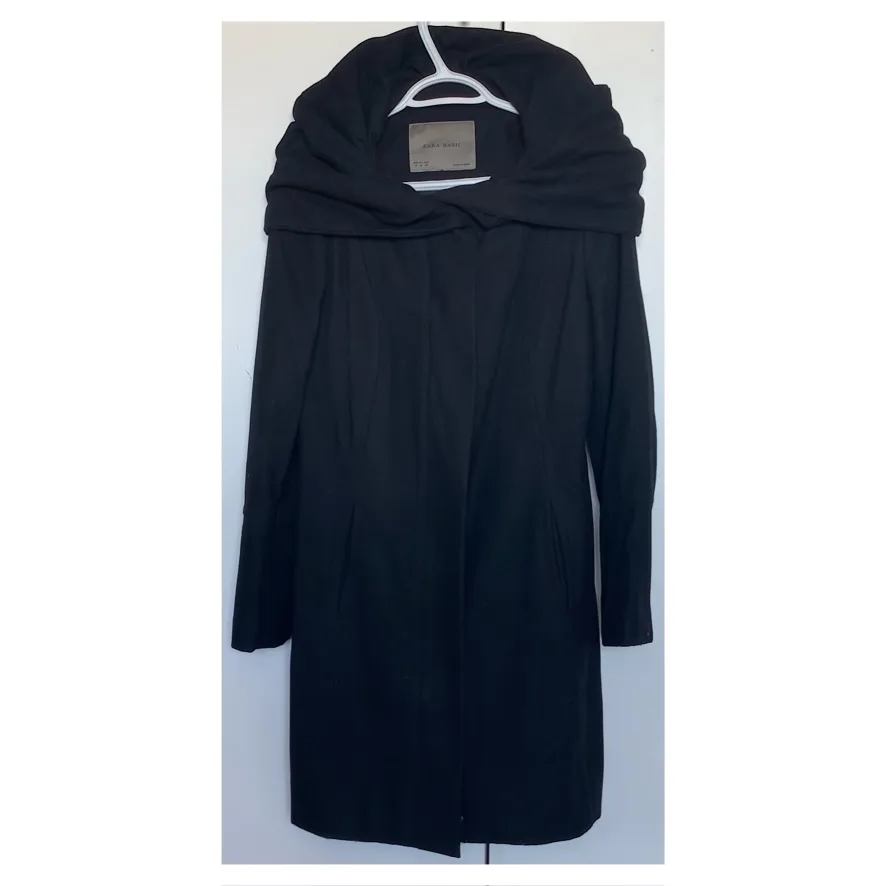 Zara Wool Black Jacket with Off Shoulder Hood thumbnail