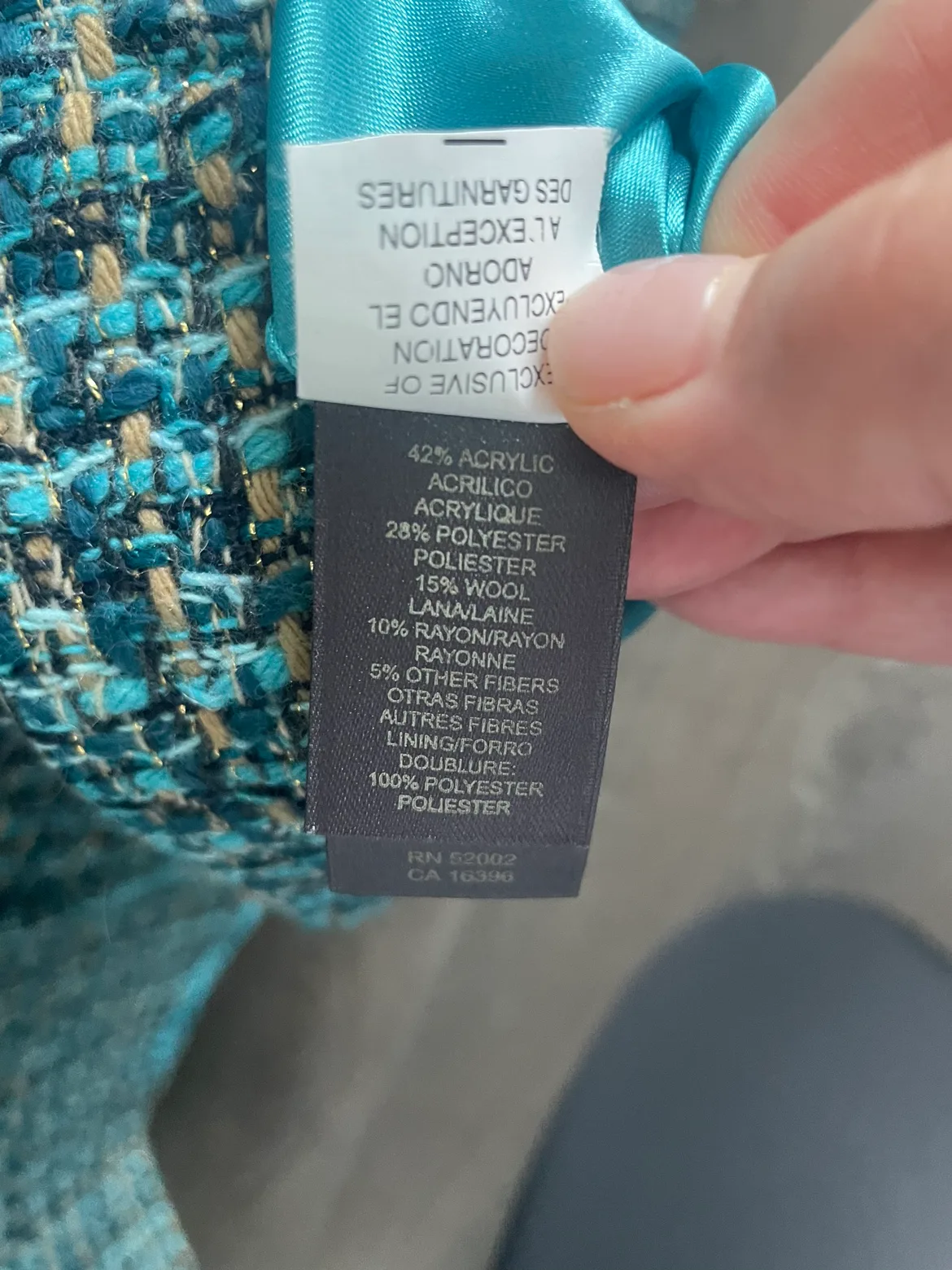 Liz Claiborne tweed jacket w/ teal velvet trim image indicator(6)