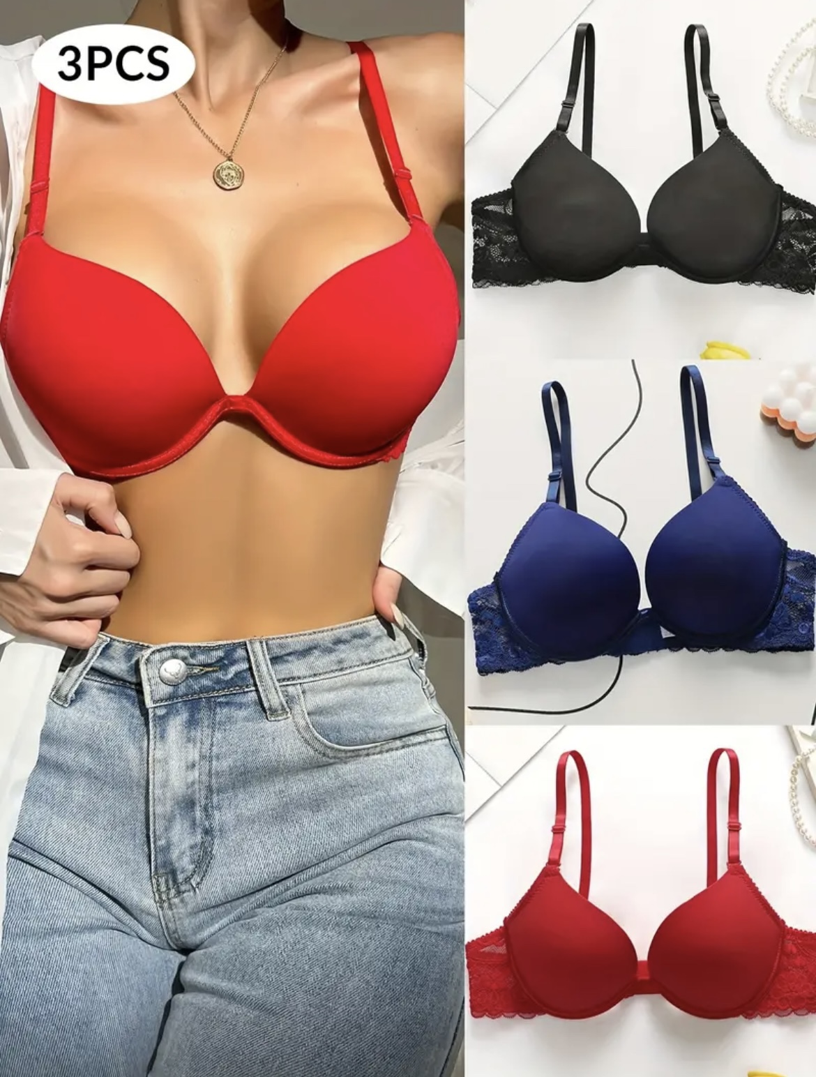 3pcs Elegant Lace Push-Up Bra Set