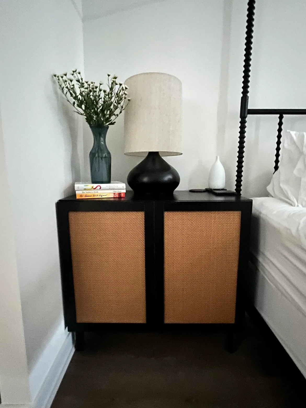 Black Nightstand with Cane Doors