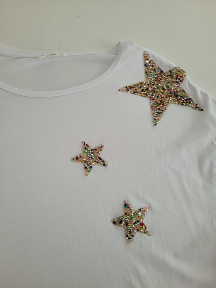 White T-Shirt with Rhinestone Stars From Italia 🇮🇹 - photo 2