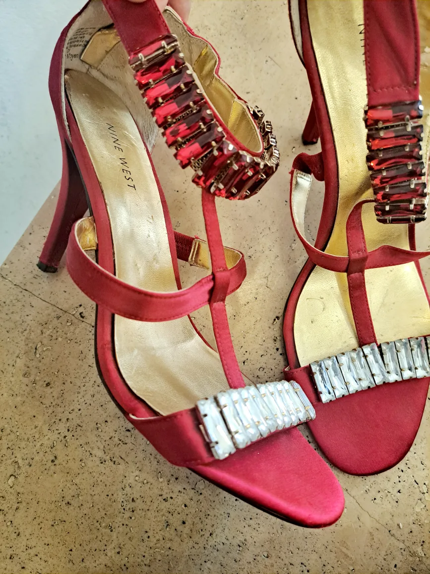 Nine West Red Satin jewelled heels image indicator(2)