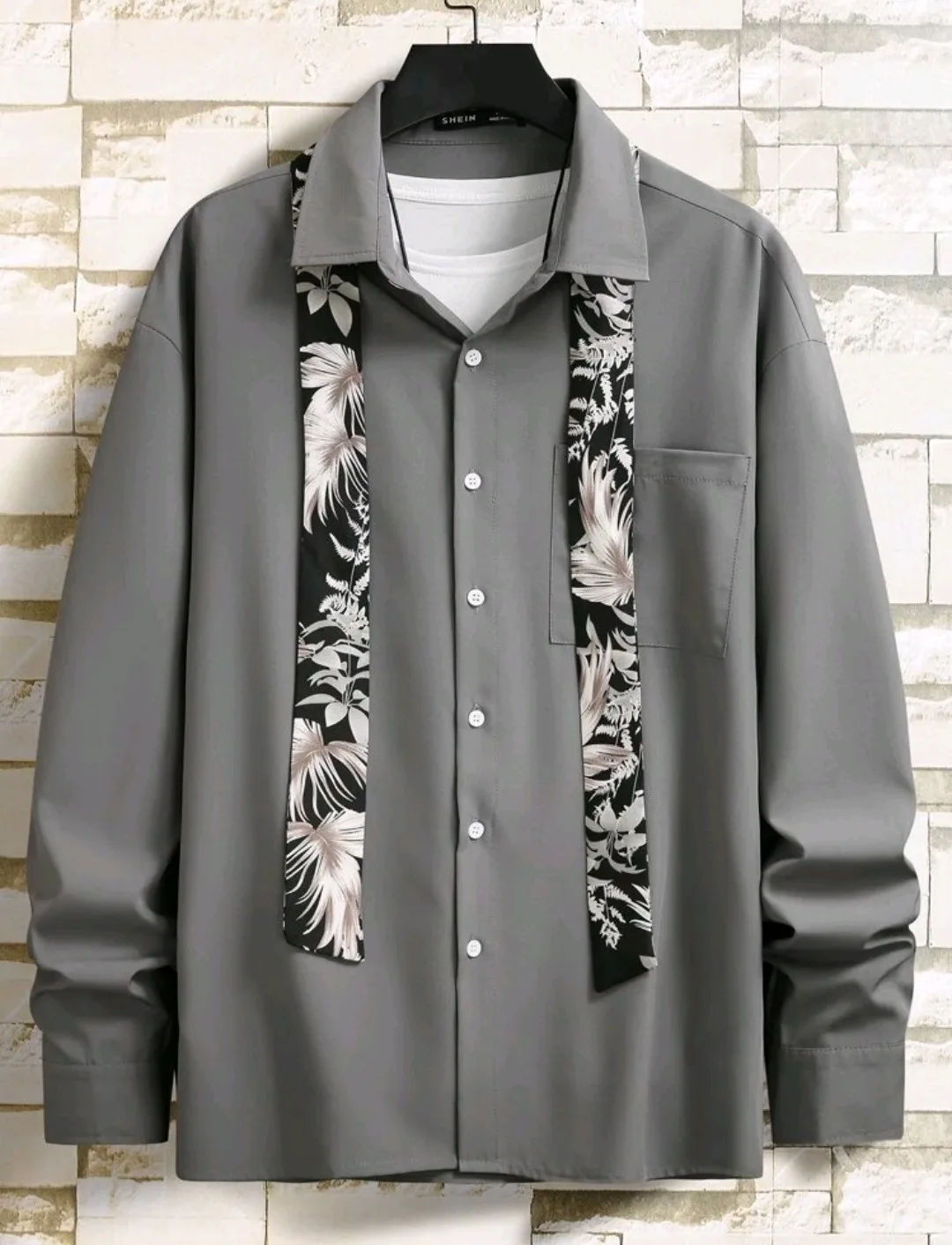 Men's Grey Button Up Shirt with Floral Tie thumbnail