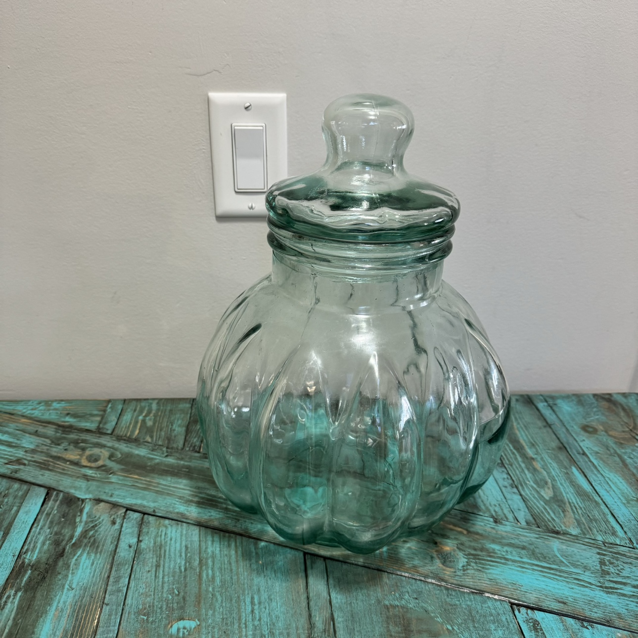 Vintage XLarge Green Glass Pumpkin Shaped Apothecary Jar Italy