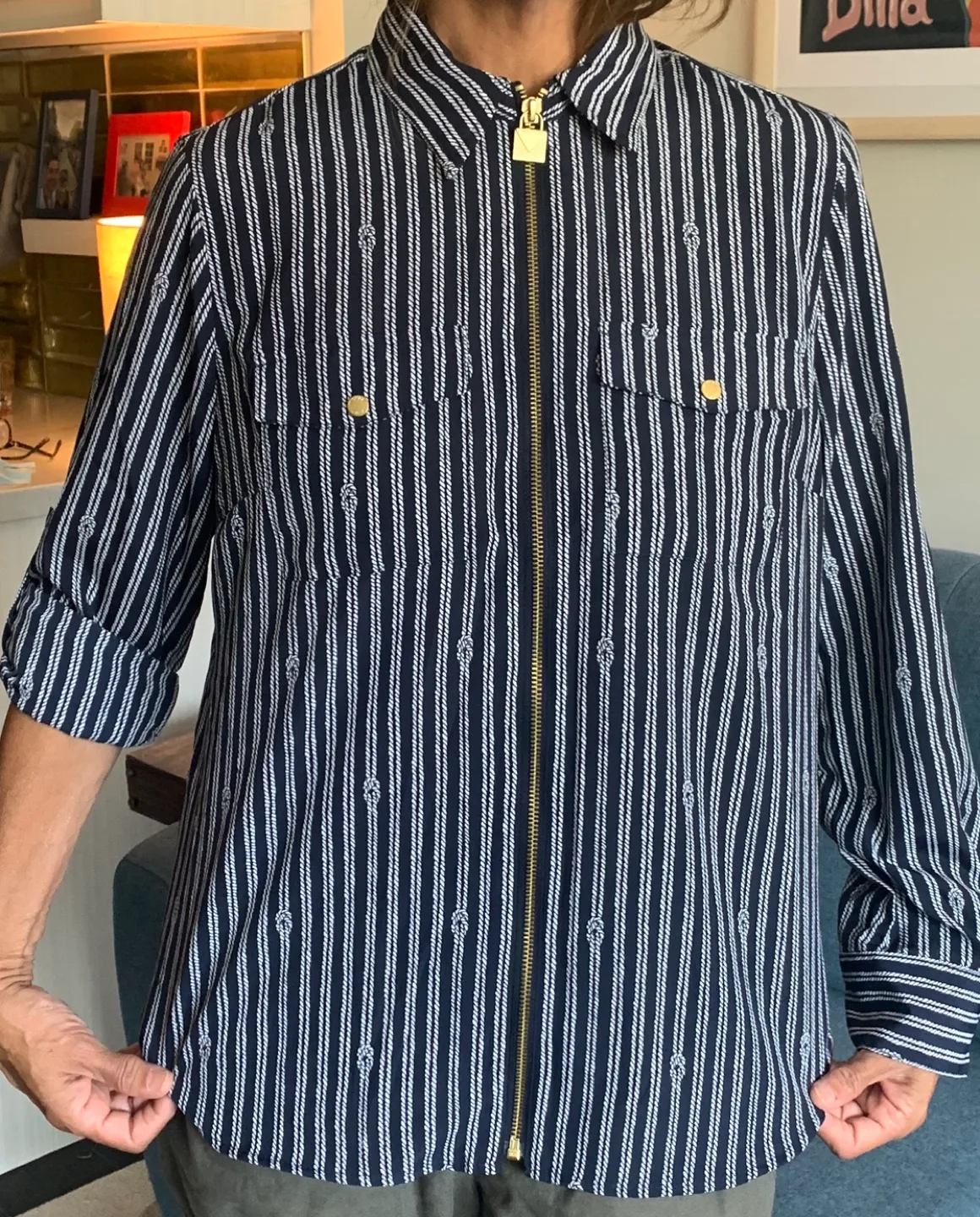 Michael Kors Nautical Striped Zip-Up Shirt w/ Gold Hardware image indicator(2)