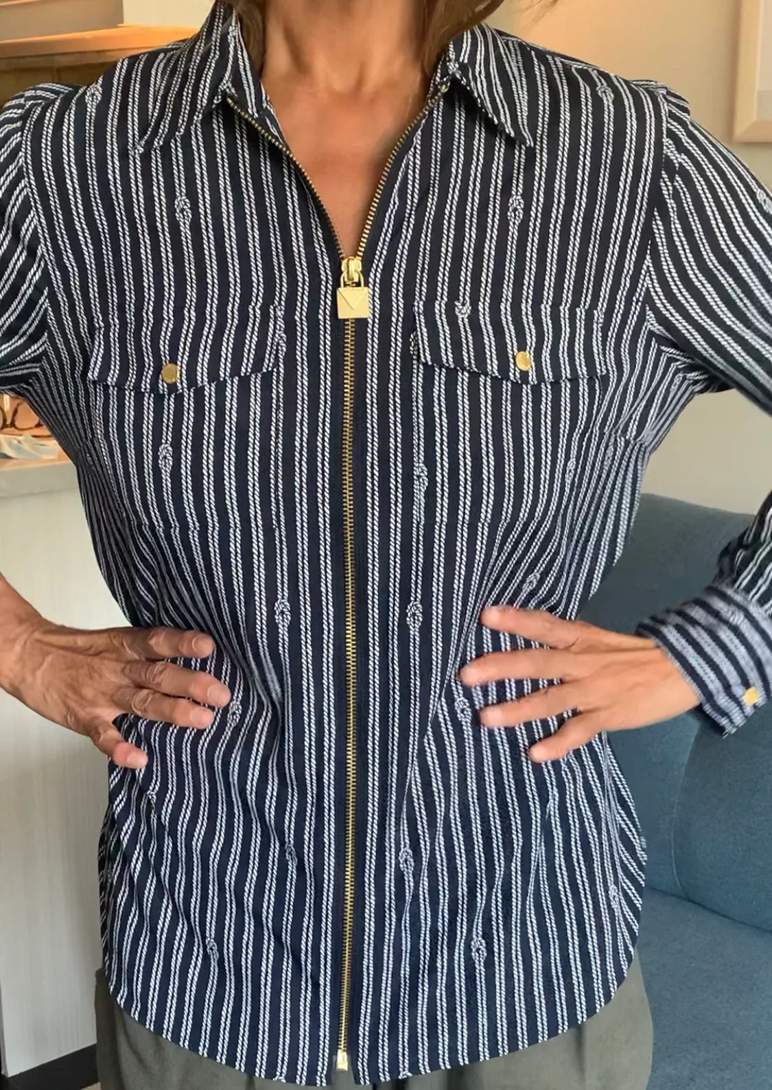 Michael Kors Nautical Striped Zip-Up Shirt w/ Gold Hardware thumbnail