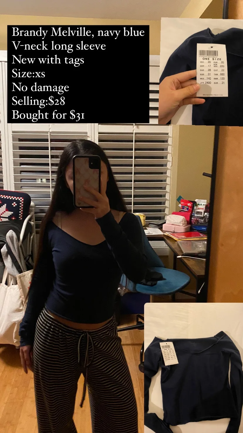 Brandy Melville Navy Blue V-Neck Long Sleeve thumbnail