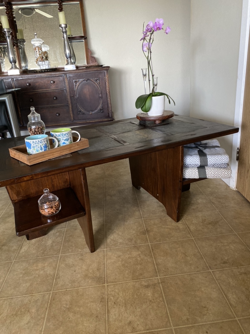 COFFEE TABLE, slate and wood.