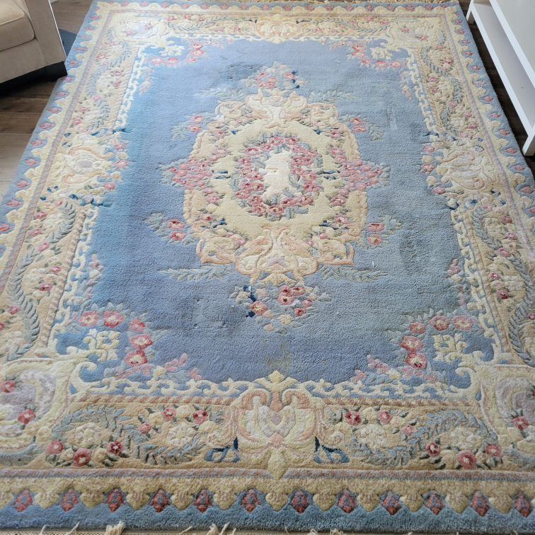 Blue Floral Plush Wool Area Rug