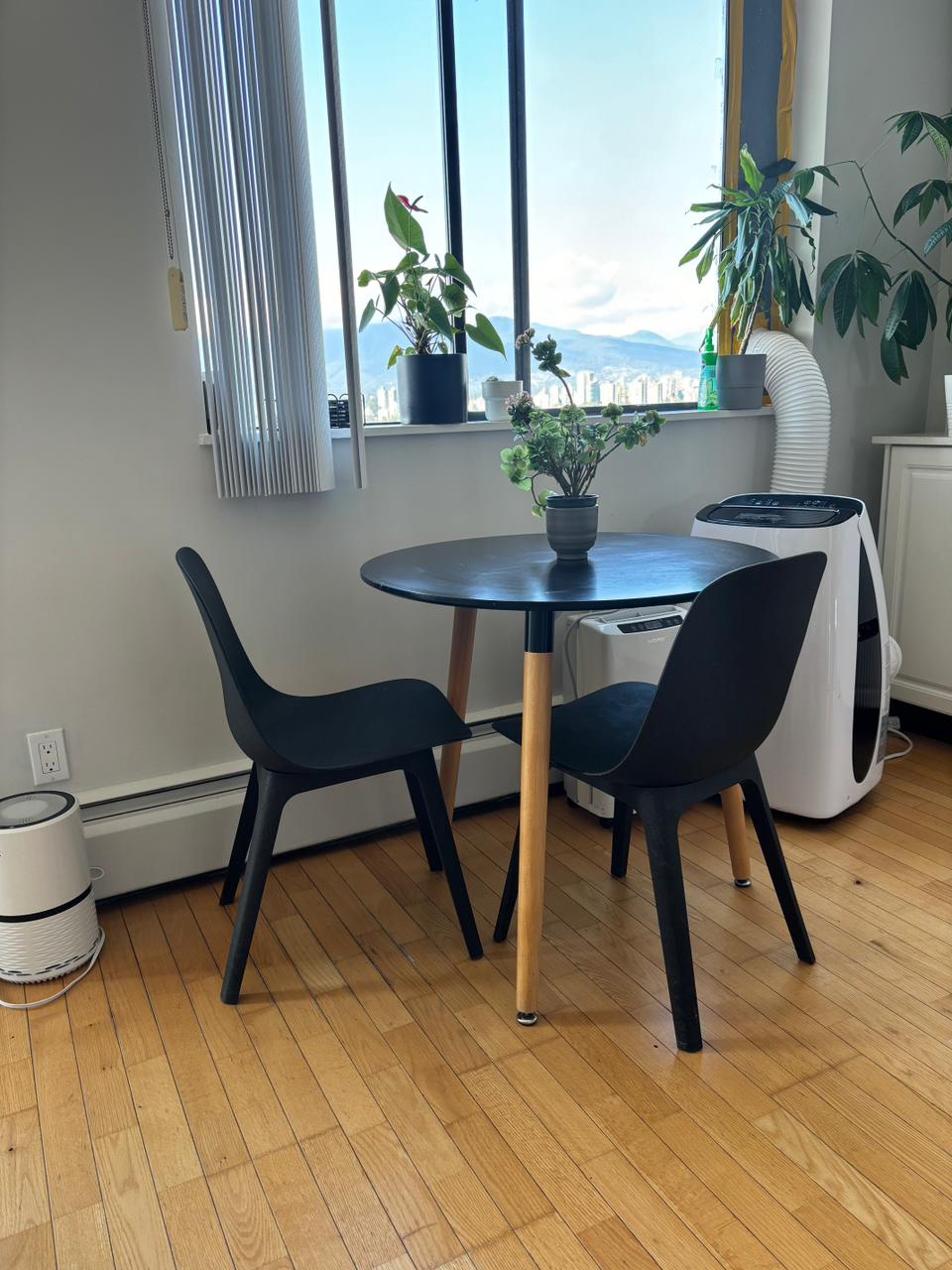 Black Round Dining Table and Two IKEA Chairs