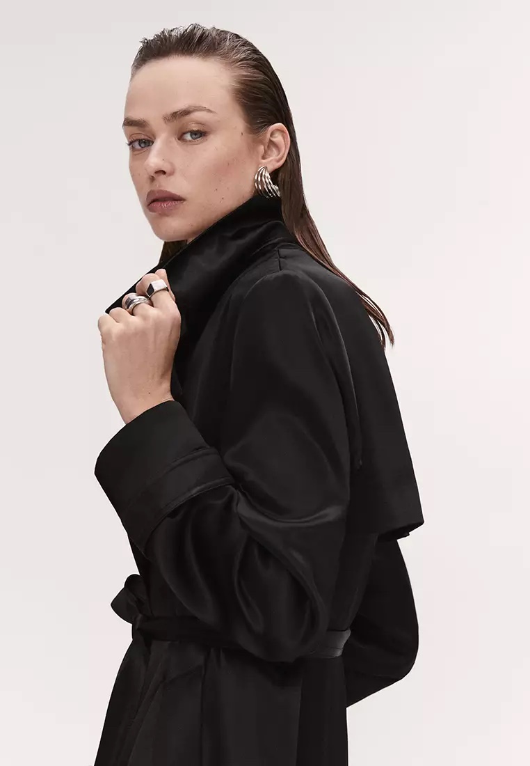 Black Satin Belted Trench NWT
