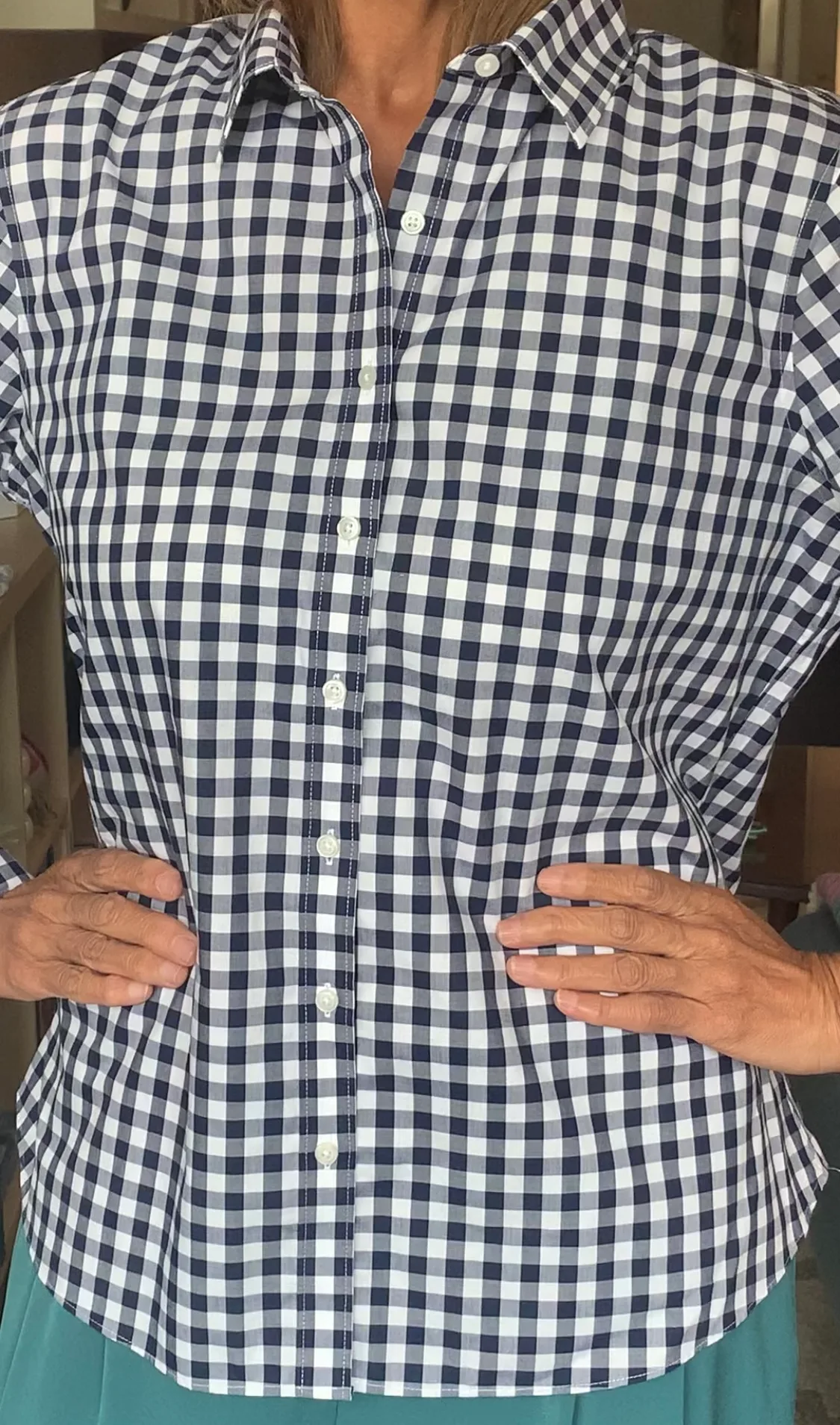 Lands' End Women's Long Sleeve Gingham Shirt- Blue & White image indicator(6)