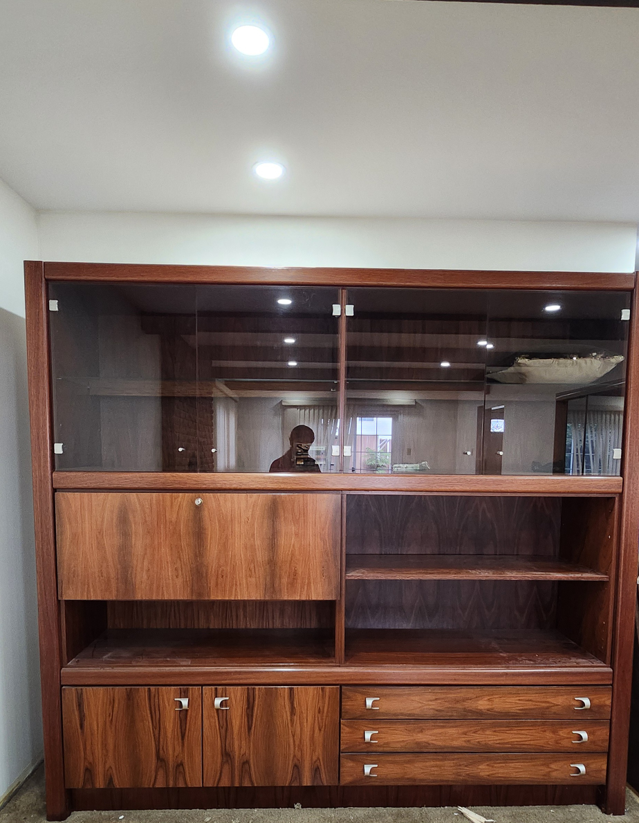 Wood Cabinet with Glass Doors and Drawers