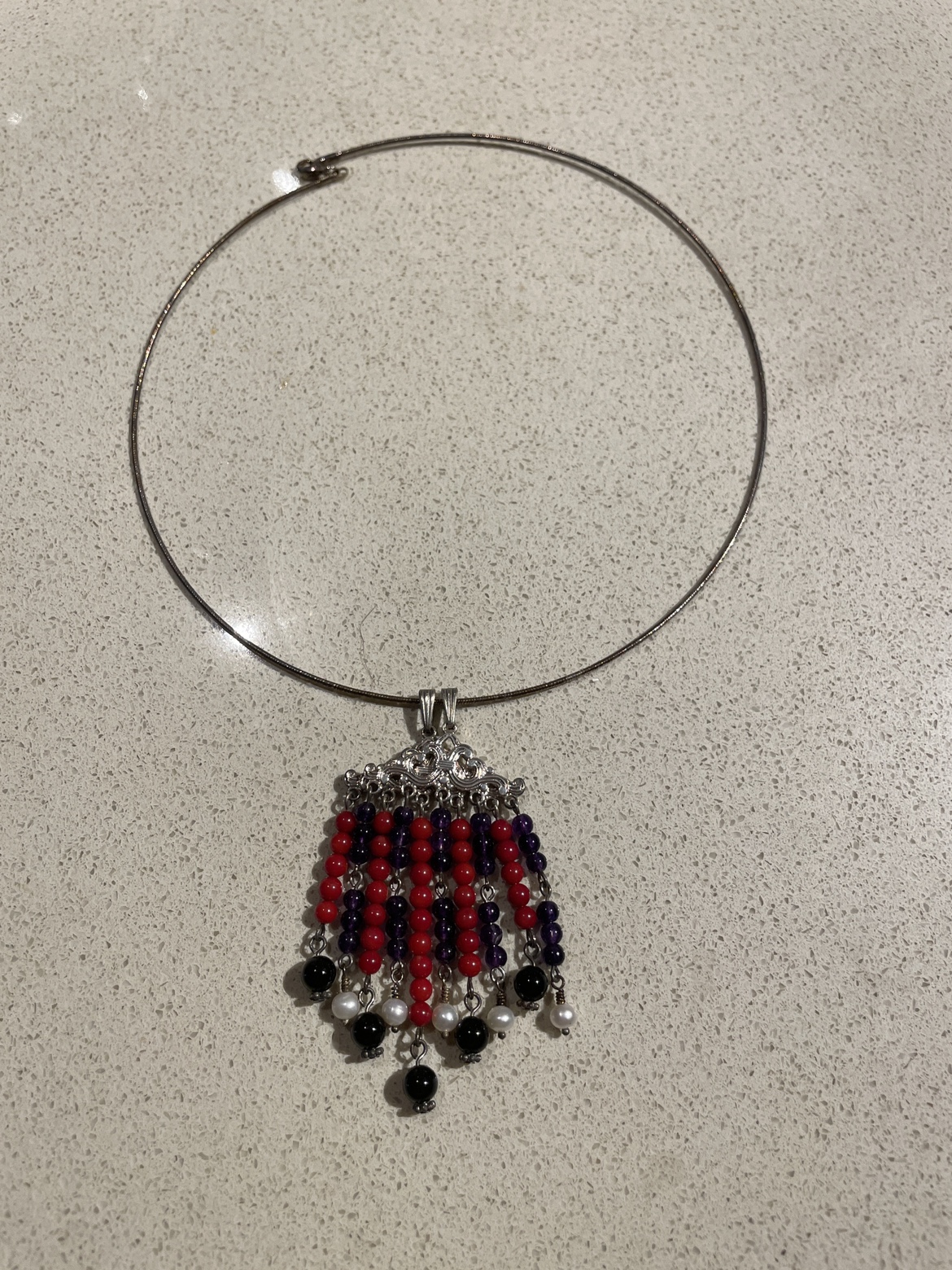Silver Choker Necklace with Red & Purple Pendants - photo 2